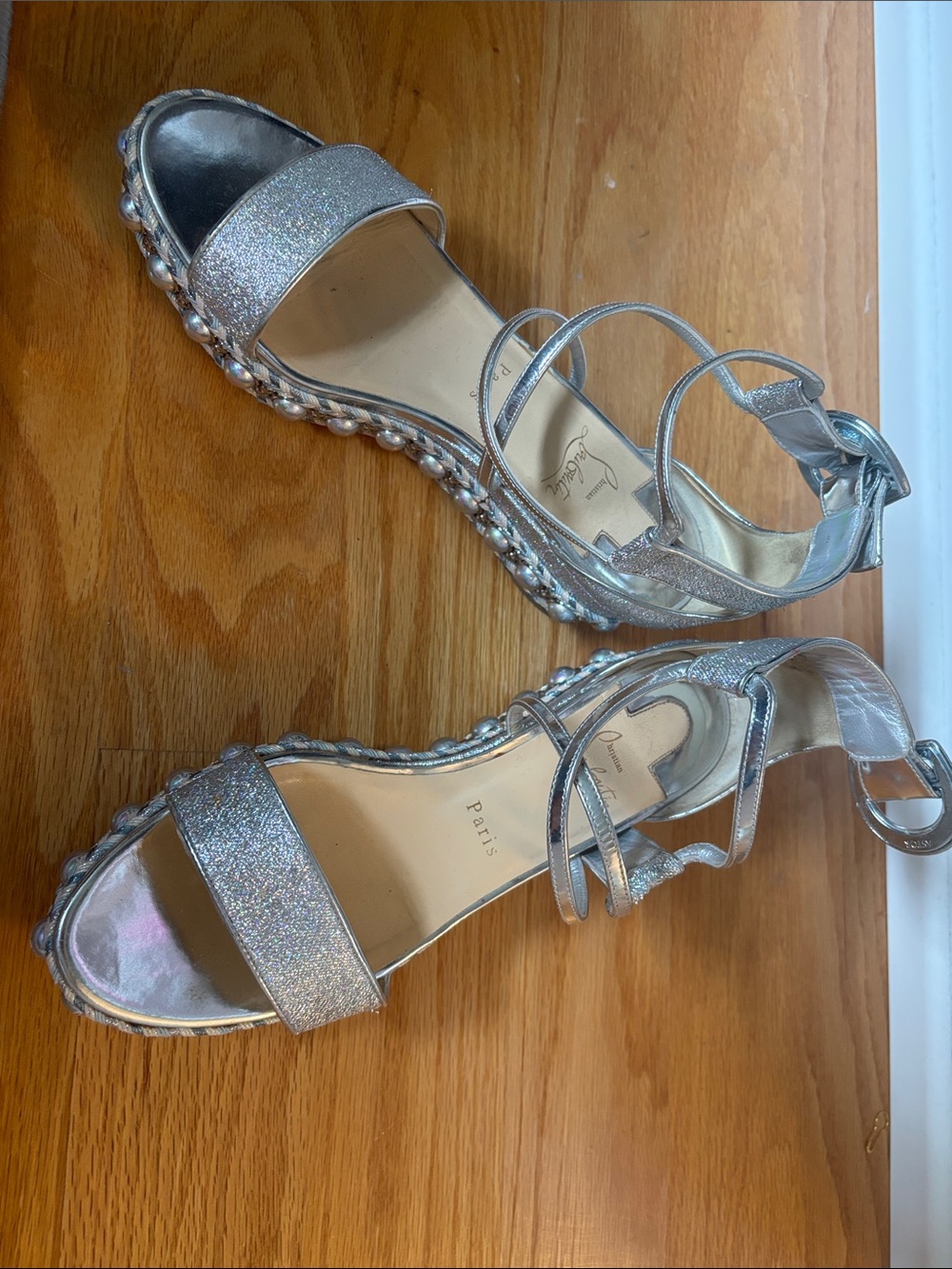 Christian Louboutin Silver Glitter Pearl-Trim Ankle Strap Sandals
